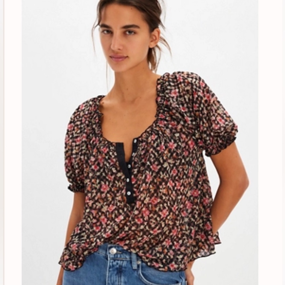 Free People Astra Floral Black and Pink Women's Top. NWT. Size Small